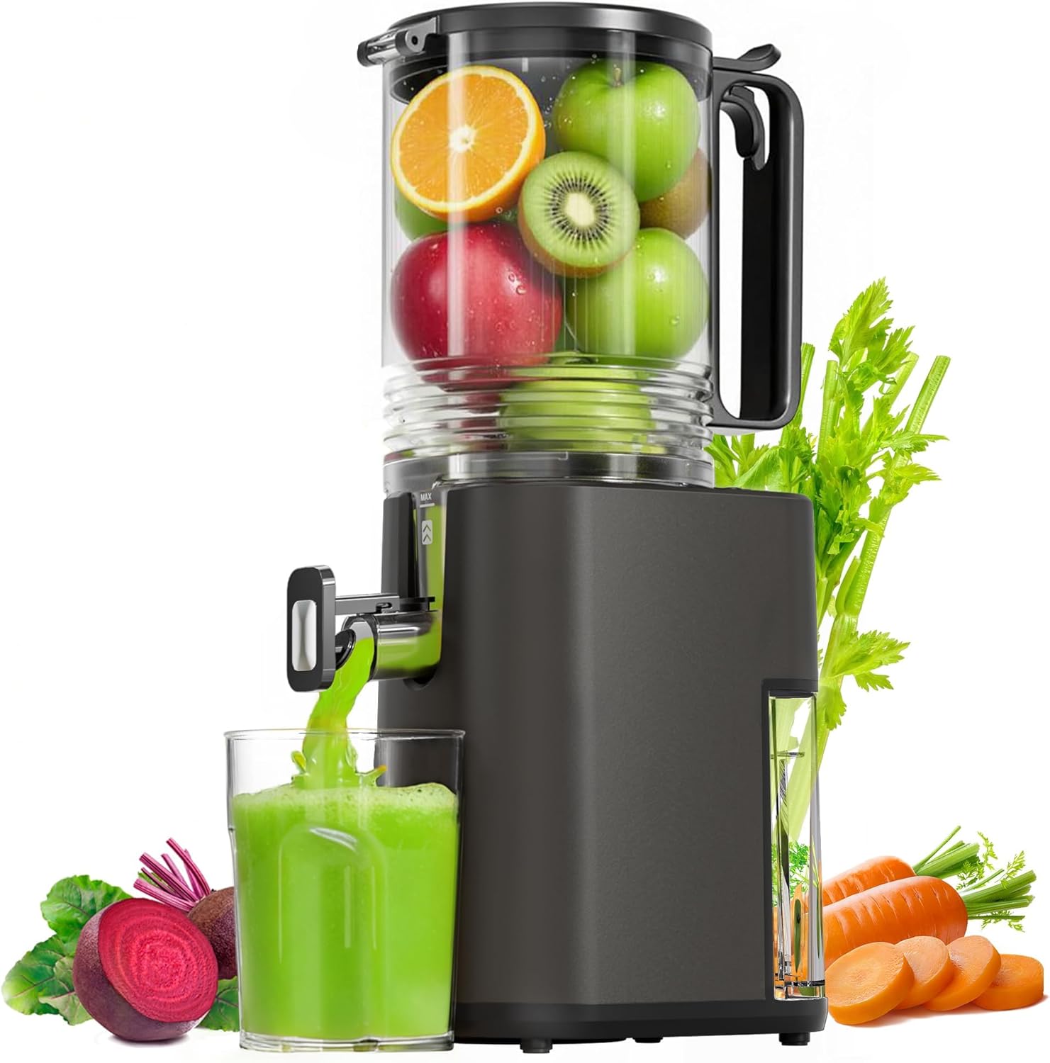 Cold Press Juicer, 5.5inch Wide Feed Chute Juicer Machine, Slow Masticating Juicer for Whole Vegetables & Fruits, Gray
