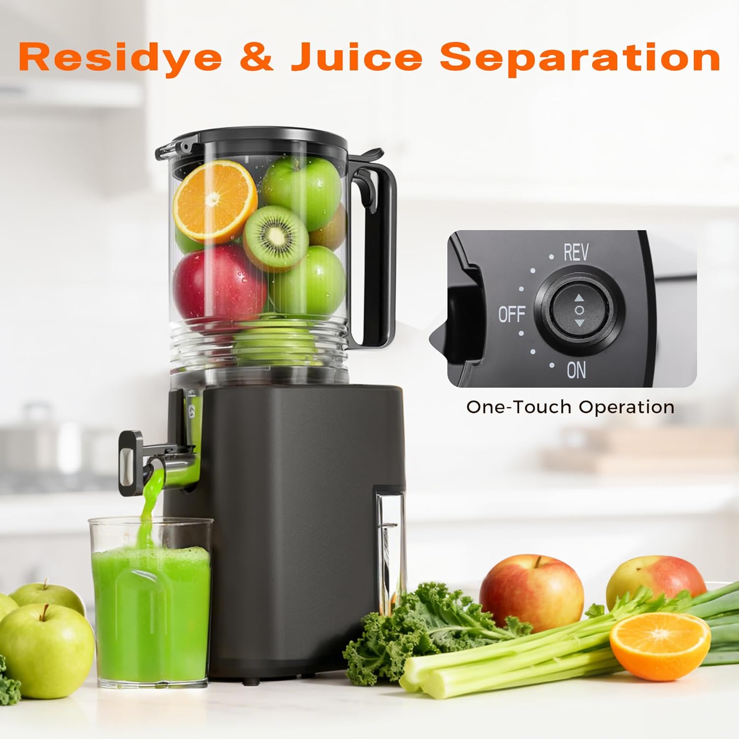Cold Press Juicer, 5.5inch Wide Feed Chute Juicer Machine, Slow Masticating Juicer for Whole Vegetables & Fruits, Gray