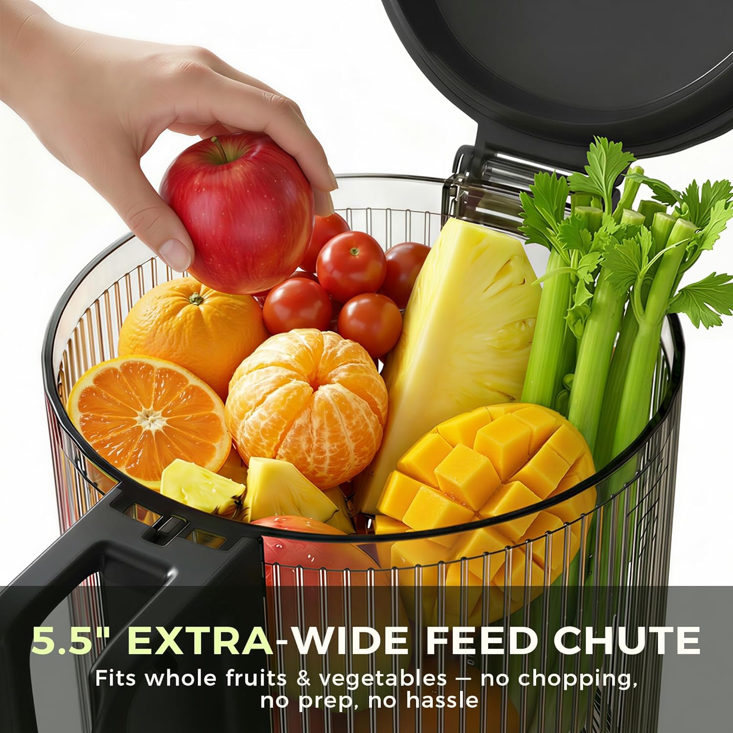 Cold Press Juicer, 5.5inch Wide Feed Chute Juicer Machine, Slow Masticating Juicer for Whole Vegetables & Fruits, Black