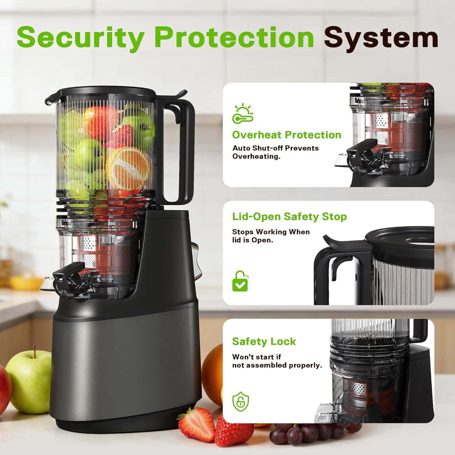 Cold Press Juicer, Juicer Machines with 5.3" Wide Feed Chute, Slow Masticating Juicer for Whole Fruits and with VegetablesHigh Yield (Gray)